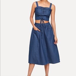 Trendy Lace Up Crop Strap Top & Skirt